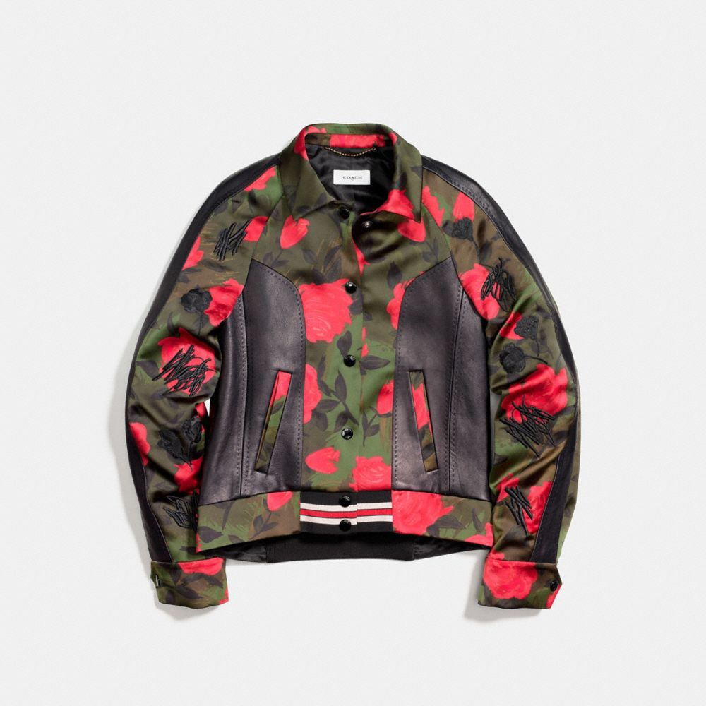 COACH®: Camo Rose Varsity Jacket With Raglan Sleeve