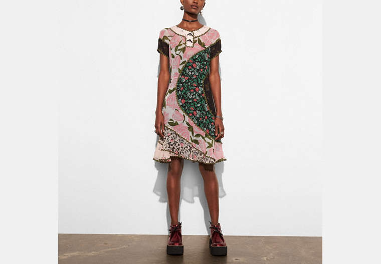 COACH®,MIXED PRINT CIRCLE DRESS,Synthetic,Pink Multi,Front View