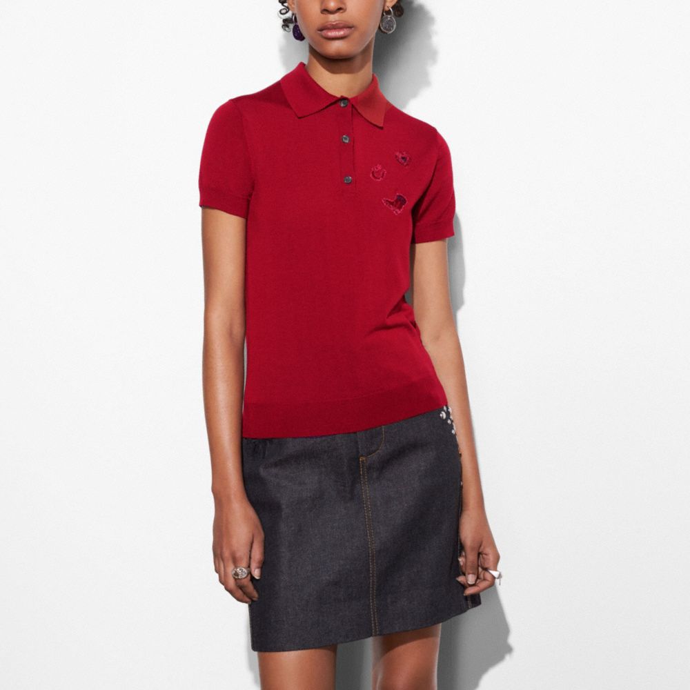 COACH®,WESTERN EMBROIDERY POLO,wool,CARDINAL,Front View