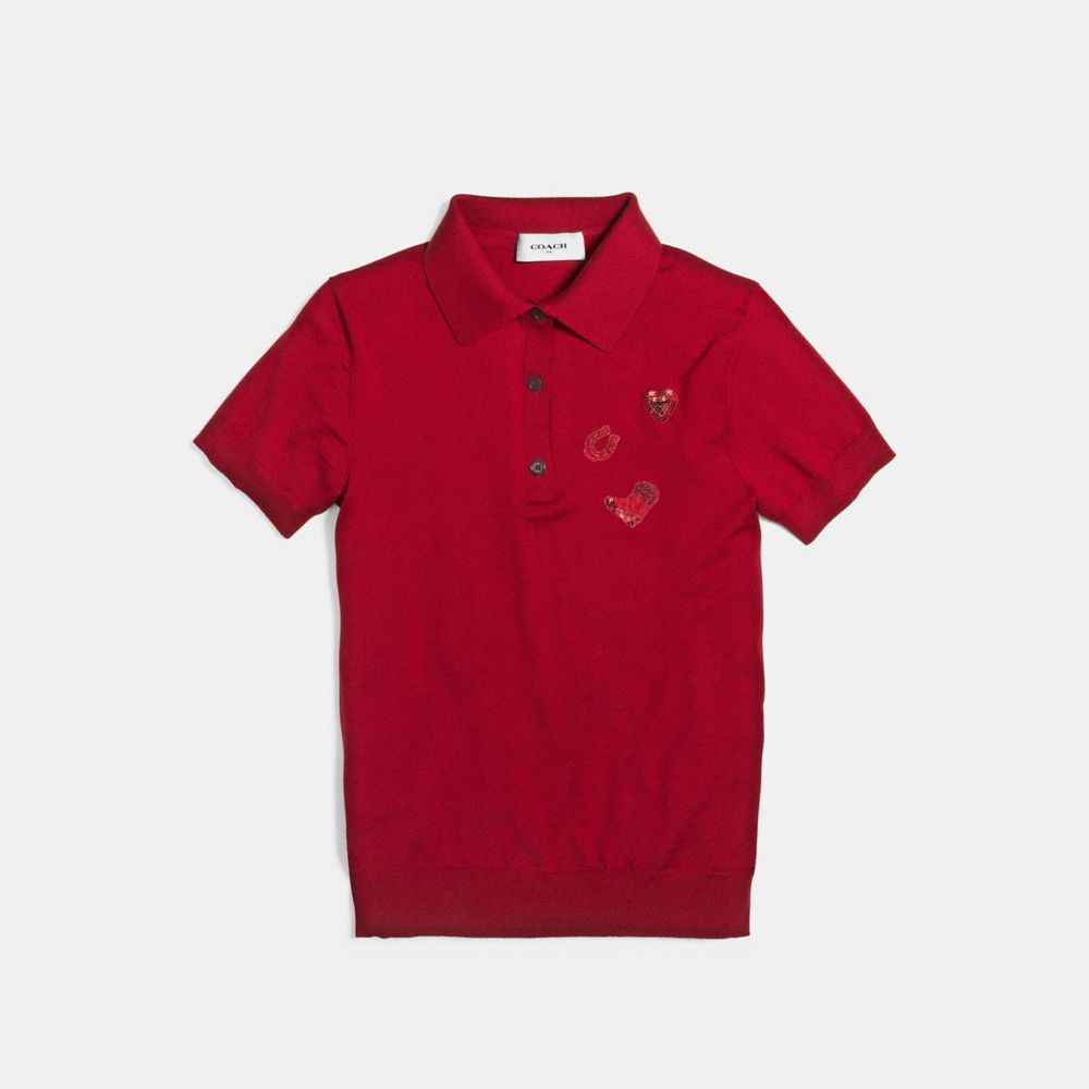 COACH®,WESTERN EMBROIDERY POLO,wool,CARDINAL,Scale View