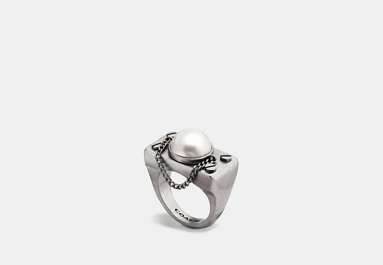 COACH®,PEARL CHAIN RING,Metal,Silver/Chalk,Front View
