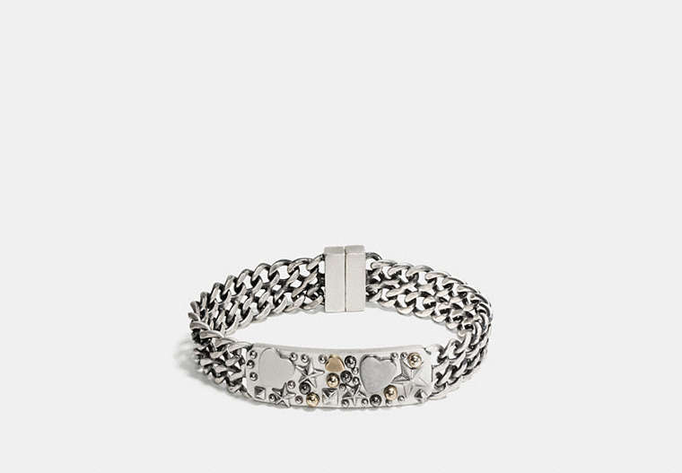 COACH®,WIDE CLUSTER CHAIN ID BRACELET,Metal,Silver/Multi,Front View