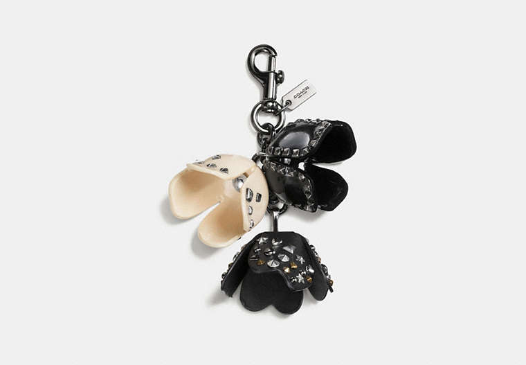 COACH®,STUDDED TEA ROSE BAG CHARM,Mixed Material,Black/White,Front View