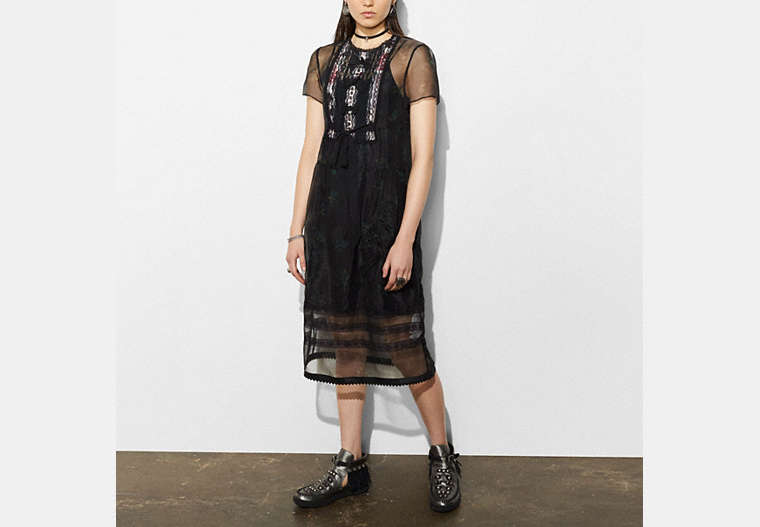 COACH®,SHEER DRESS WITH LACY BOW BIB,Mixed Material,Black,Front View