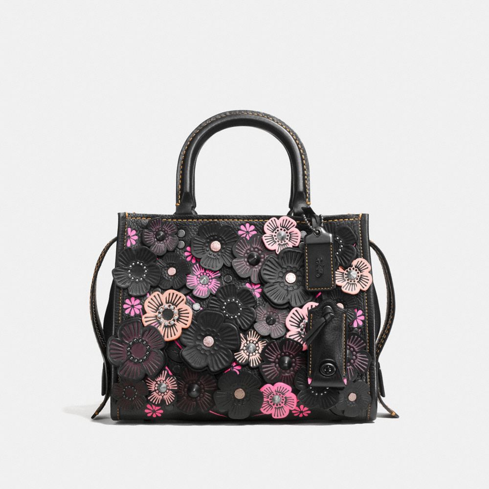 Coach Rogue 25 In Glovetanned Pebble Leather With Tea Roses In : Black  Copper/black Pink