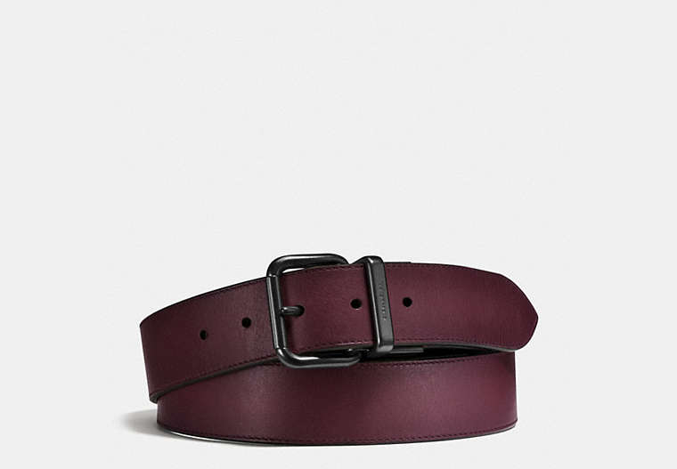 COACH®,HARNESS BUCKLE CUT-TO-SIZE REVERSIBLE BELT, 38MM,Leather,Black/Oxblood,Front View