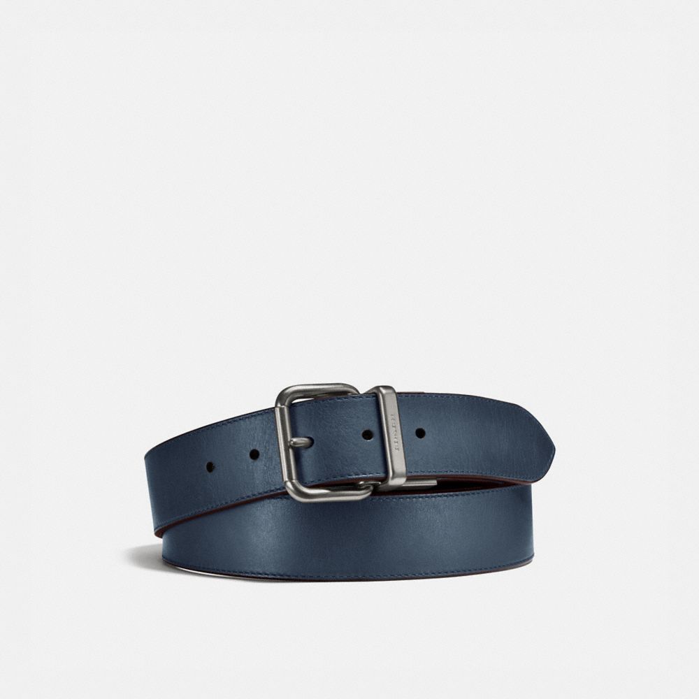 COACH®,HARNESS BUCKLE CUT-TO-SIZE REVERSIBLE BELT, 38MM,DENIM/CHESTNUT,Front View image number 0