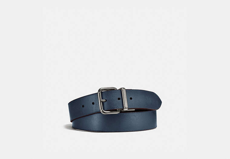 COACH®,HARNESS BUCKLE CUT-TO-SIZE REVERSIBLE BELT, 38MM,Leather,DENIM/CHESTNUT,Front View