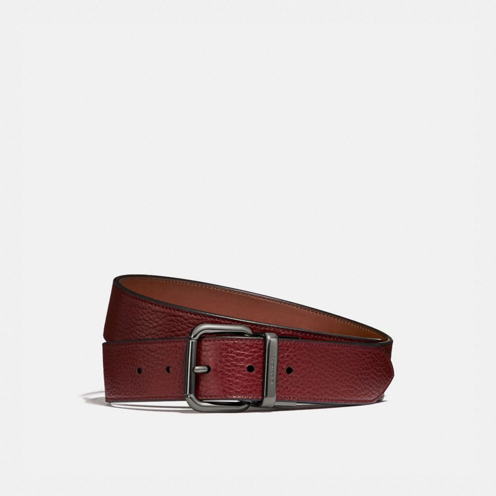 COACH®,HARNESS BUCKLE CUT-TO-SIZE REVERSIBLE BELT, 38MM,Red Currant/Saddle,Front View