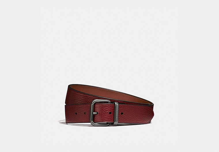 COACH®,HARNESS BUCKLE CUT-TO-SIZE REVERSIBLE BELT, 38MM,Leather,Red Currant/Saddle,Front View