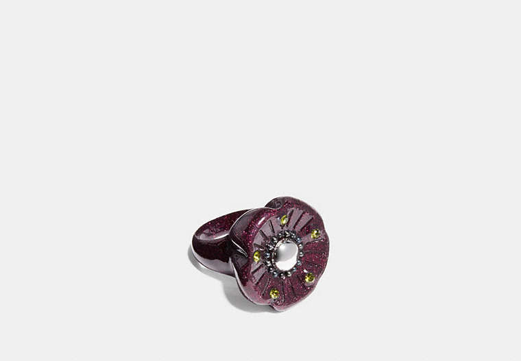 COACH®,TEA ROSE GLITTER COCKTAIL RING,Mixed Material,Rose,Front View