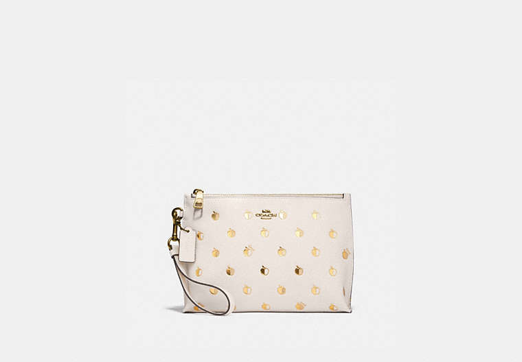 COACH®,CHARLIE POUCH WITH APPLE PRINT,Leather,Brass/Chalk Multi,Front View