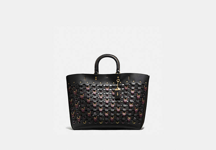 COACH®,ROGUE TOTE WITH COACH LINK,Glove Calf Leather,Large,Brass/Black Multi,Front View