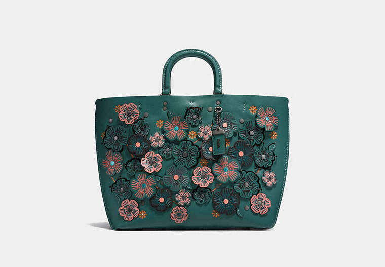 COACH®,ROGUE TOTE WITH LINKED TEA ROSE,Leather,Large,Black Copper/Dark Turquoise,Front View