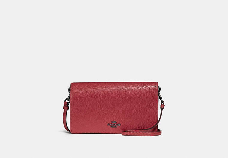 COACH®,HAYDEN FOLDOVER CROSSBODY CLUTCH,Pebbled Leather,Mini,Gunmetal/Washed Red,Front View