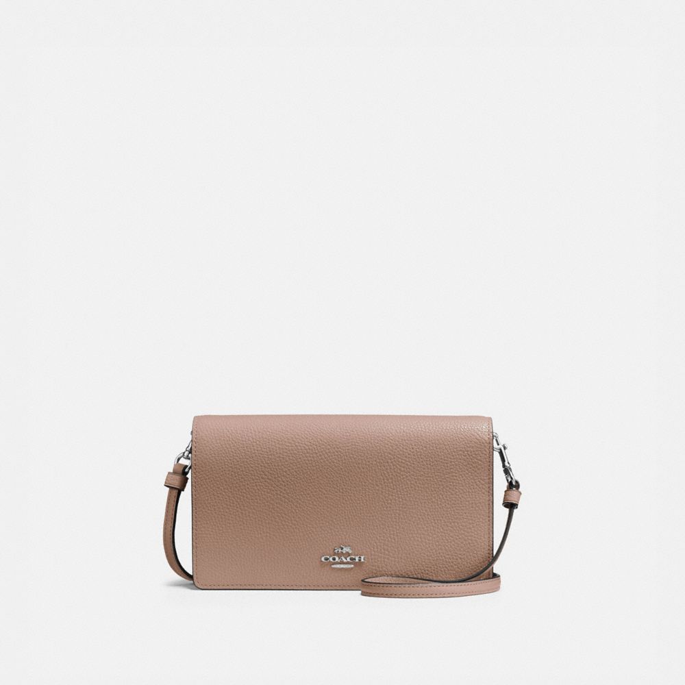 COACH®,POCHETTE À BANDOULIÈRE REPLIABLE HAYDEN,Cuir galet poli,Mini,Nickel antique clair/Taupe,Front View