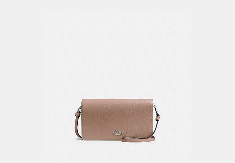 COACH®,HAYDEN FOLDOVER CROSSBODY CLUTCH,Pebbled Leather,Mini,Light Antique Nickel/Taupe,Front View