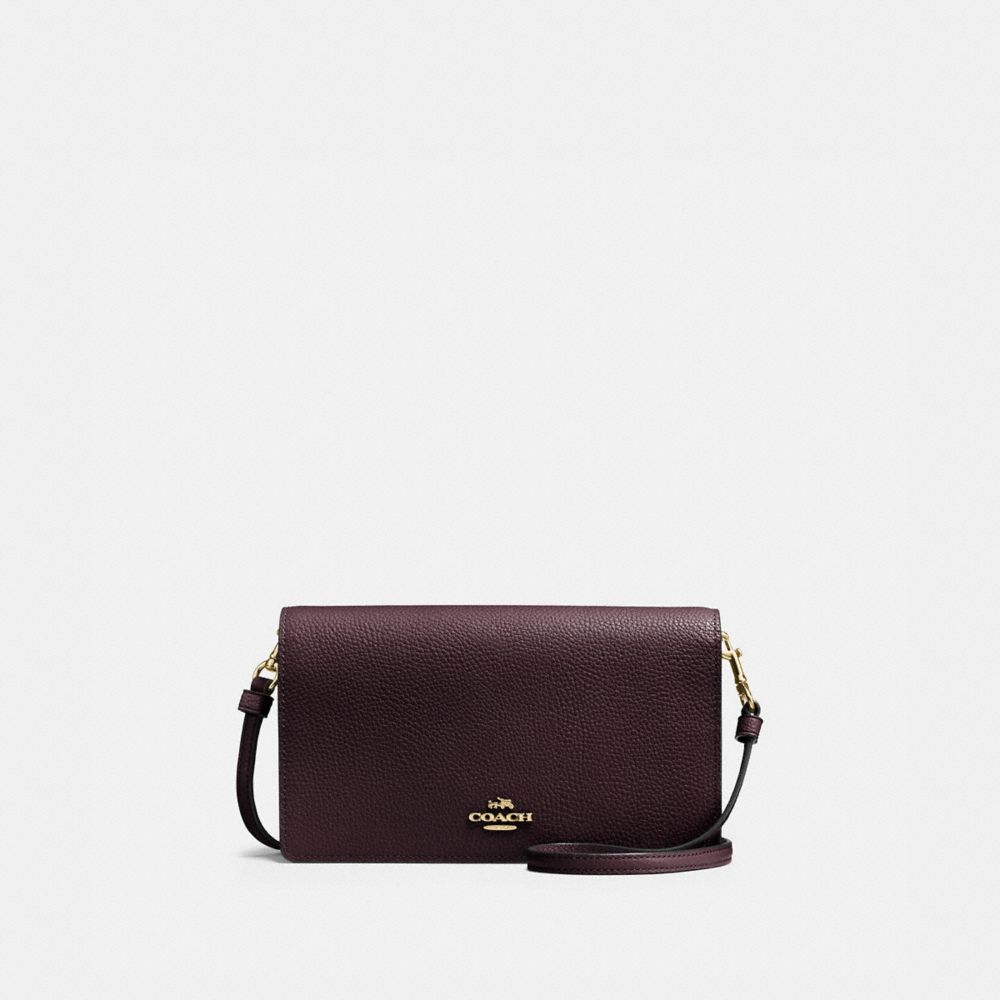 COACH®,HAYDEN FOLDOVER CROSSBODY CLUTCH,Pebbled Leather,Mini,Light Gold/Oxblood,Front View