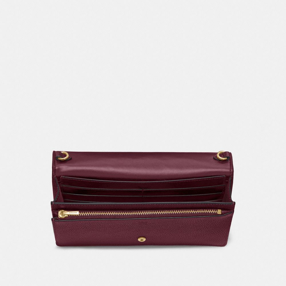 COACH®,HAYDEN FOLDOVER CROSSBODY CLUTCH,Pebbled Leather,Mini,Light Gold/Oxblood,Inside View,Top View