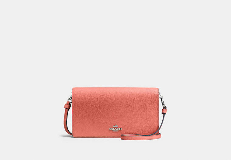 COACH®,HAYDEN FOLDOVER CROSSBODY CLUTCH,Pebbled Leather,Mini,Silver/Bright Coral,Front View