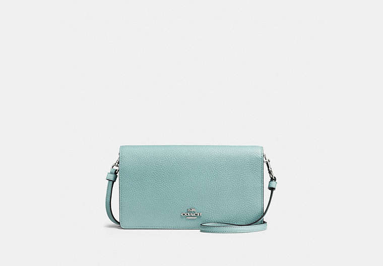 COACH®,HAYDEN FOLDOVER CROSSBODY CLUTCH,Pebbled Leather,Mini,Silver/Light Turquoise,Front View