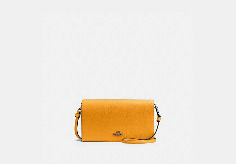 COACH®,HAYDEN FOLDOVER CROSSBODY CLUTCH,Pebbled Leather,Mini,Pewter/Pollen,Front View