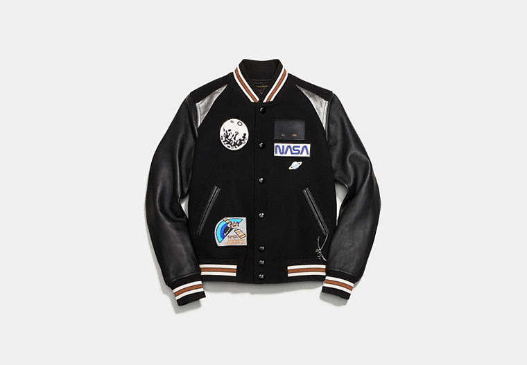 COACH®,SPACE VARSITY JACKET,Mixed Material,Black,Front View