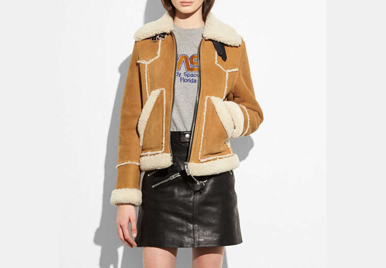 COACH®,SHEARLING LUMBER JACKET,Shearling,TOFFEE,Front View