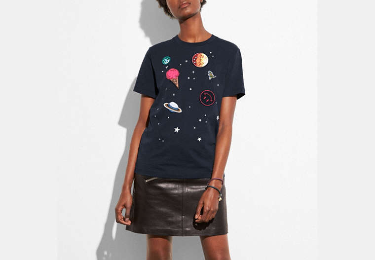 COACH®,PLANET EMBROIDERY T-SHIRT,cotton,Midnight Navy,Front View