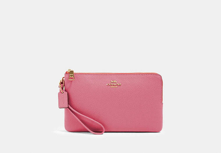 COACH®,DOUBLE ZIP WALLET,Pebbled Leather,Gold/ROSE,Front View