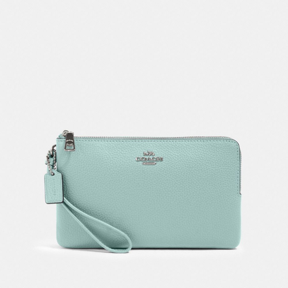 COACH®,DOUBLE ZIP WALLET,Pebbled Leather,Silver/SEAFOAM,Front View