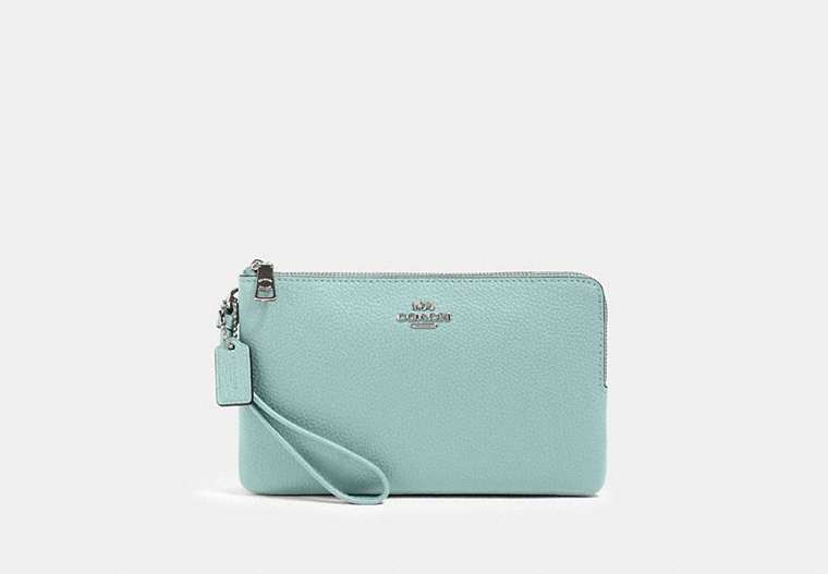 COACH®,DOUBLE ZIP WALLET,Pebbled Leather,Silver/SEAFOAM,Front View