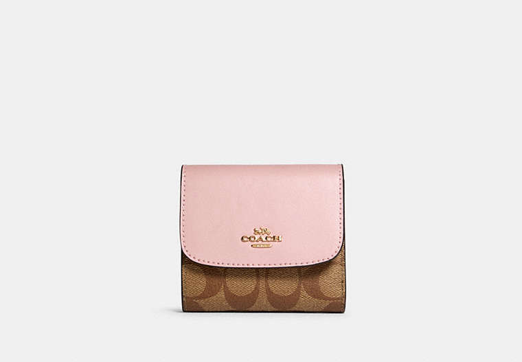 COACH®,SMALL WALLET IN SIGNATURE CANVAS,pvc,Gold/Khaki Blossom,Front View
