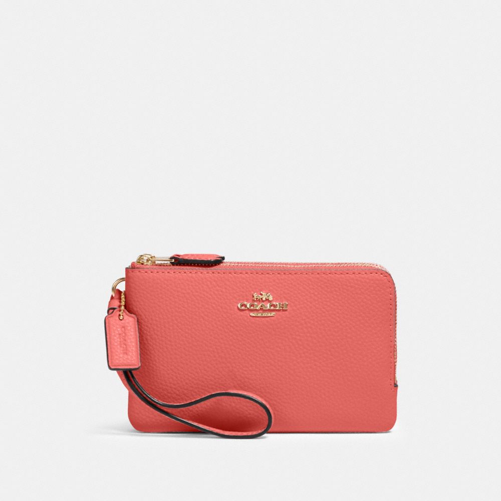 COACH®,DOUBLE CORNER ZIP WRISTLET,pusplitleather,Gold/Bright Coral,Front View
