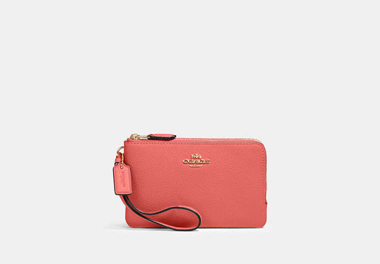 COACH®,DOUBLE CORNER ZIP WRISTLET,pusplitleather,Gold/Bright Coral,Front View