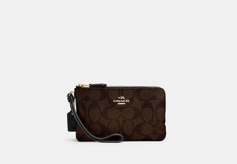 COACH®,DOUBLE CORNER ZIP WRISTLET IN SIGNATURE CANVAS,pvc,Small,Gold/Brown Black,Front View