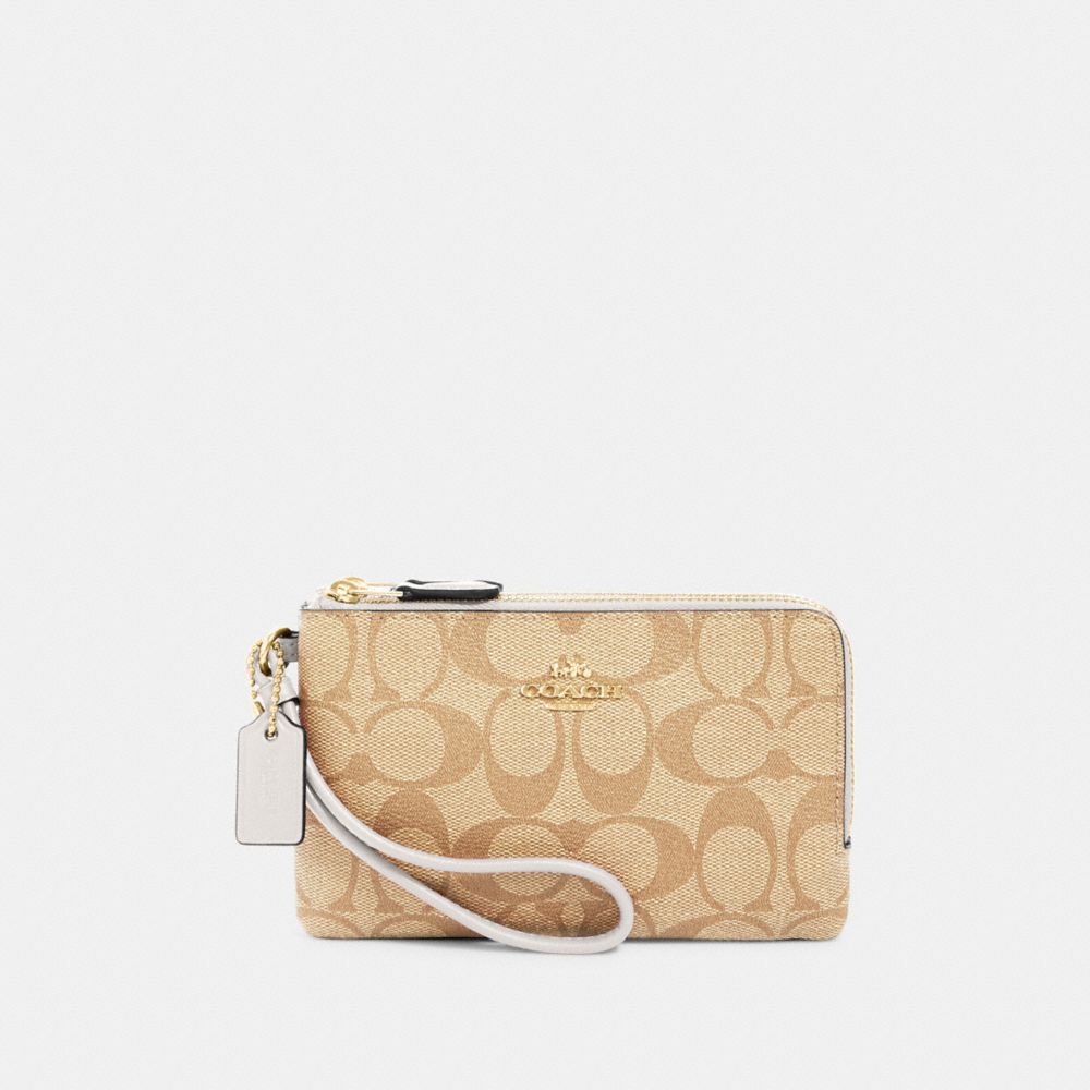 COACH®,WRISTLET DOUBLE ZIP EN COIN EN TOILE SIGNATURE,PVC,Or/Kaki pâle Craie,Front View