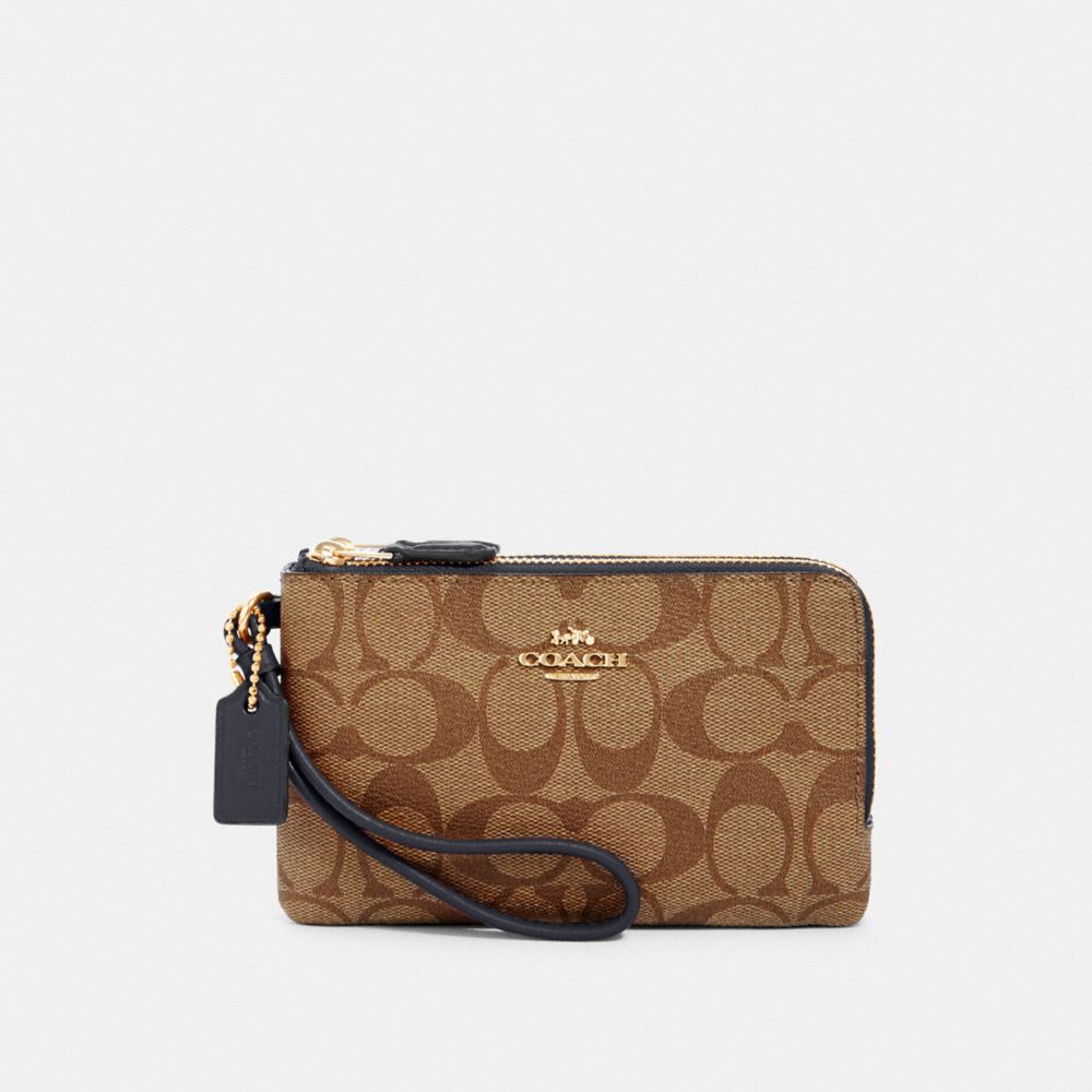 COACH®,DOUBLE CORNER ZIP WRISTLET IN SIGNATURE CANVAS,Small,Gold/Khaki Midnight,Front View