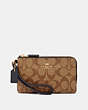 COACH®,DOUBLE CORNER ZIP WRISTLET IN SIGNATURE CANVAS,pvc,Small,Gold/Khaki Midnight,Front View