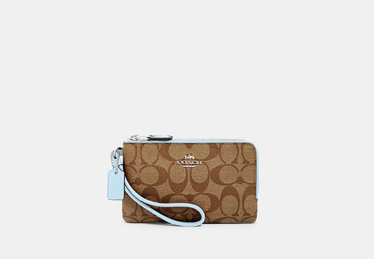 COACH®,DOUBLE CORNER ZIP WRISTLET IN SIGNATURE CANVAS,pvc,Small,Silver/Khaki/Waterfall,Front View