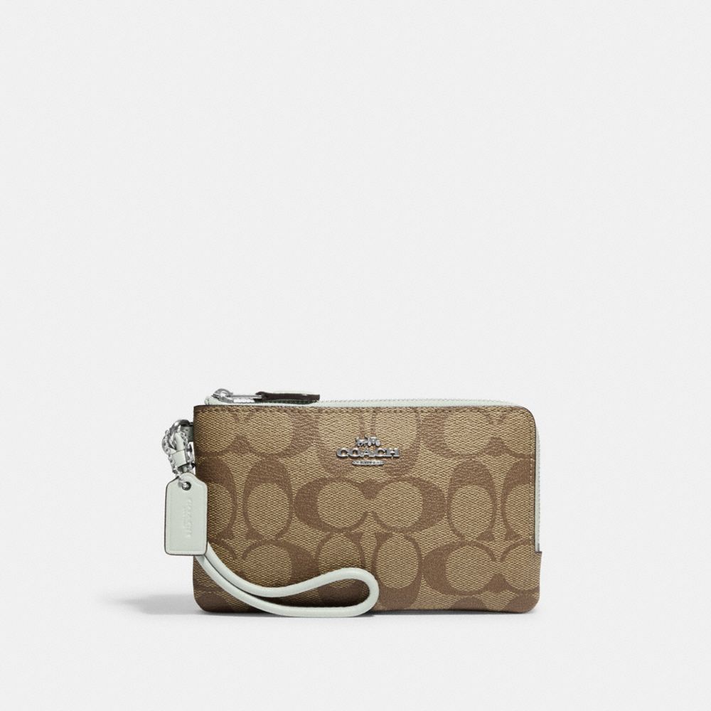 COACH®,WRISTLET DOUBLE ZIP EN COIN EN TOILE SIGNATURE,PVC,Argent/Kaki/Sauge pâle,Front View