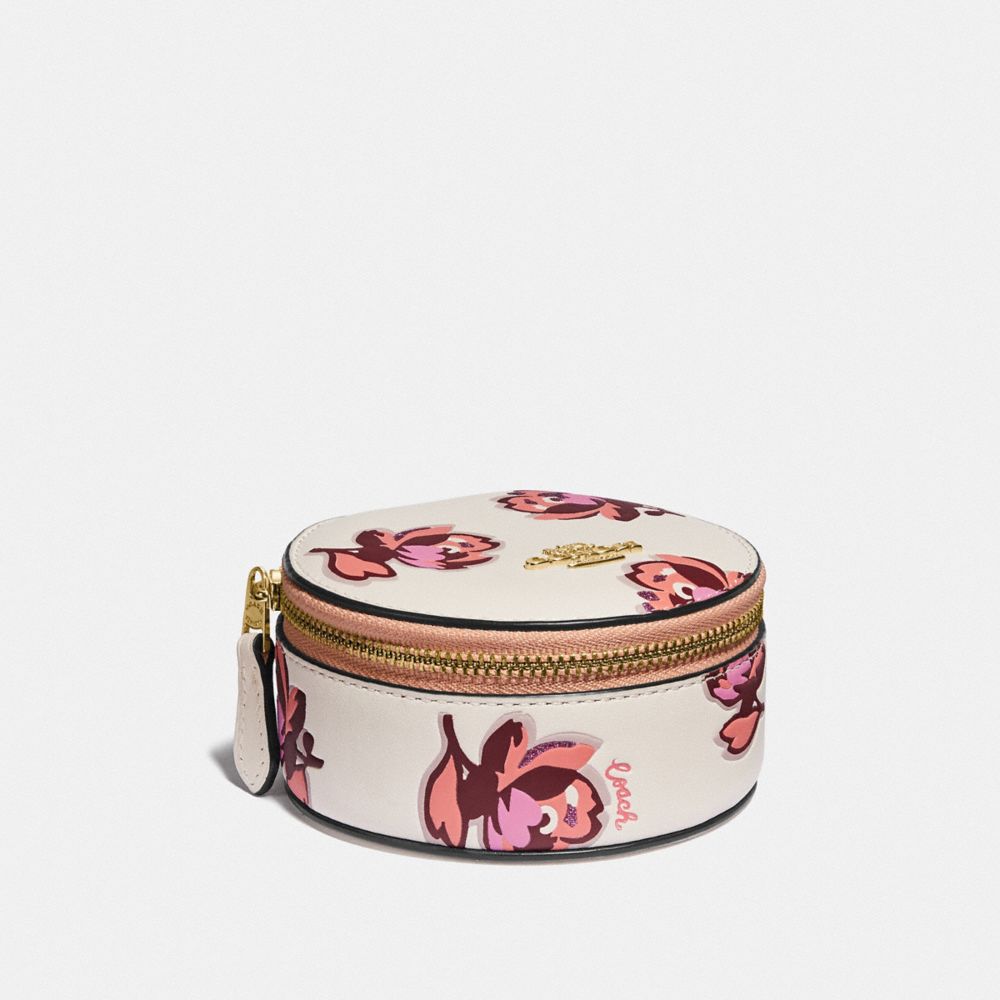 COACH®,ROUND JEWELRY CASE WITH FLORAL PRINT,Smooth Leather,Mini,Gold/Chalk Floral Print,Front View