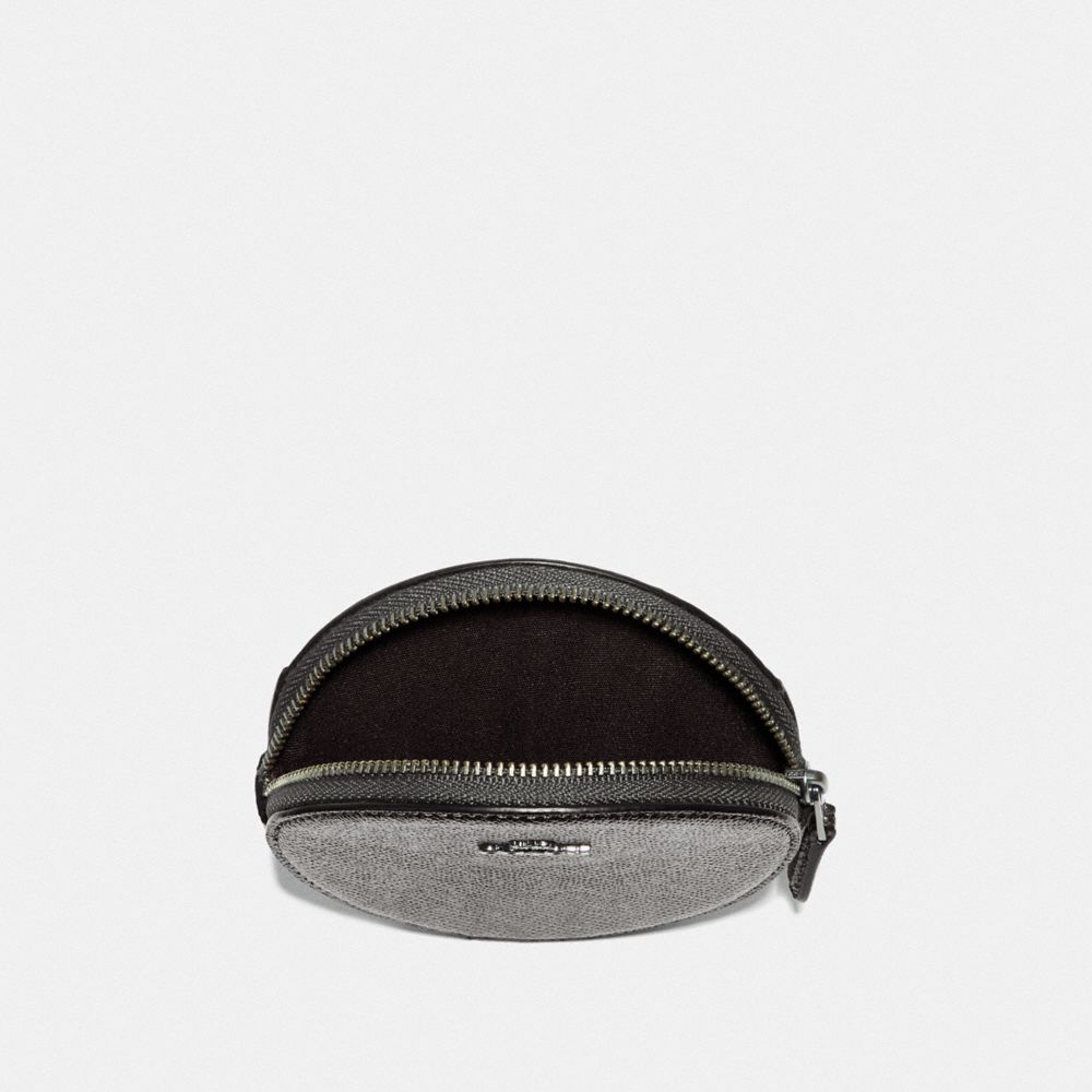 COACH®,ROUND COIN CASE,Leather,Gunmetal/Metallic Graphite,Inside View,Top View