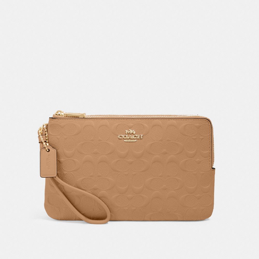 COACH®,DOUBLE ZIP WALLET IN SIGNATURE LEATHER,Gold/Taupe,Front View