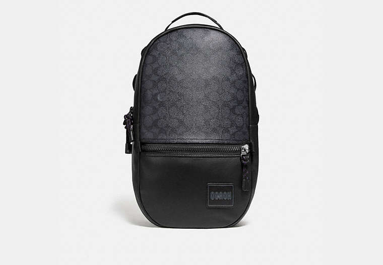 COACH®,PACER BACKPACK IN SIGNATURE CANVAS WITH COACH PATCH,Leather,Large,Black Copper/Charcoal,Front View