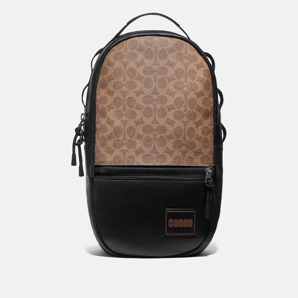 COACH®,PACER BACKPACK IN SIGNATURE CANVAS WITH COACH PATCH,Large,Black Copper/Khaki,Front View image number 0