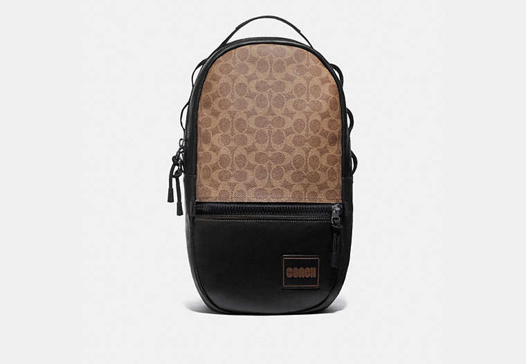 COACH®,PACER BACKPACK IN SIGNATURE CANVAS WITH COACH PATCH,Leather,Large,Black Copper/Khaki,Front View