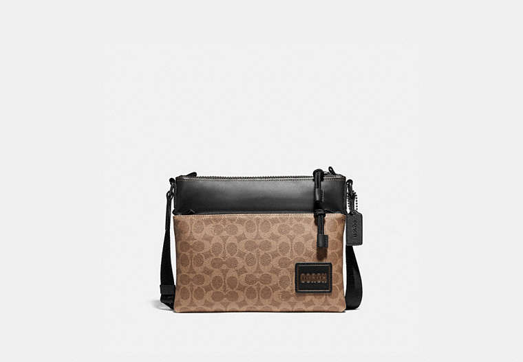COACH®,PACER CROSSBODY IN SIGNATURE CANVAS WITH COACH PATCH,Leather,Black Copper/Khaki,Front View image number 0