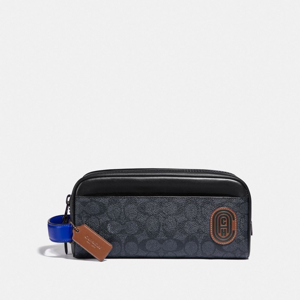 COACH®,TRAVEL KIT IN SIGNATURE CANVAS WITH COACH PATCH,Charcoal/Sport Blue,Front View