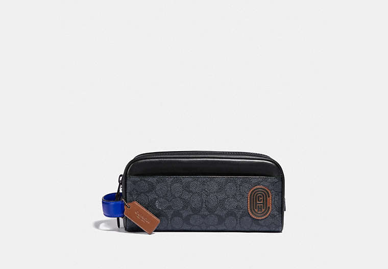 COACH®,TRAVEL KIT IN SIGNATURE CANVAS WITH COACH PATCH,Charcoal/Sport Blue,Front View